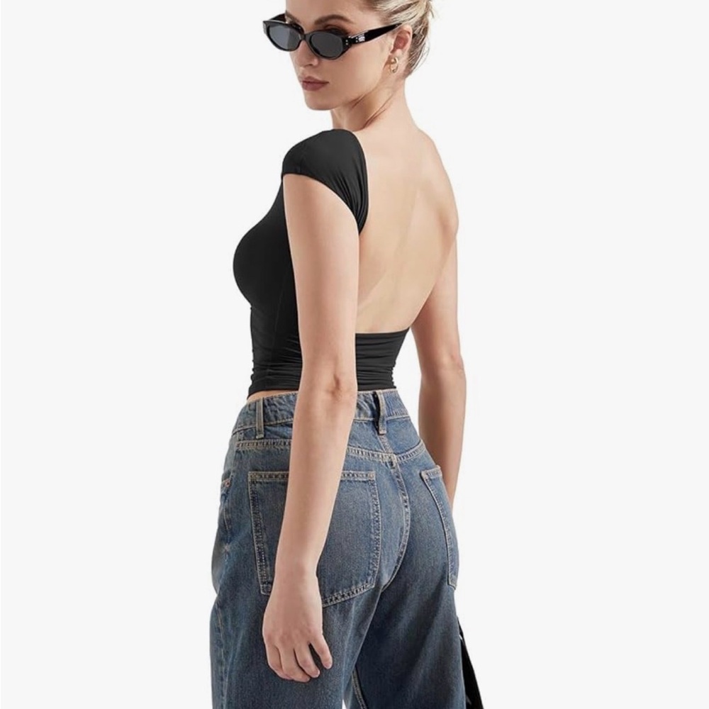 Open-Back Black Cap Sleeve Crop Top